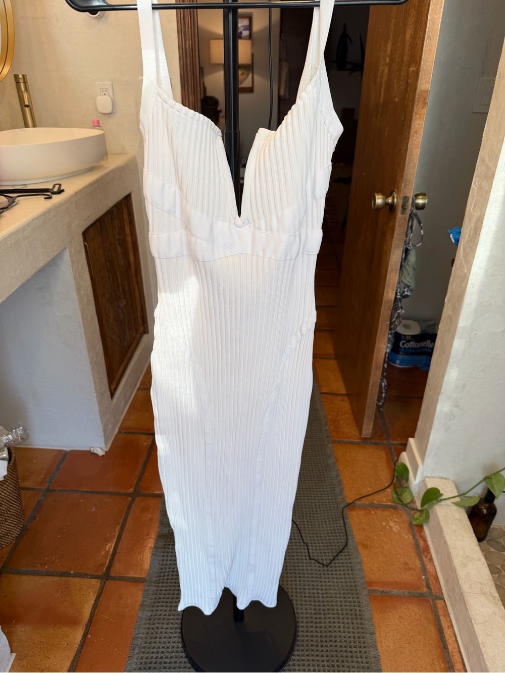 Fashion Nova White Ribbed V-Neck Midi Dress